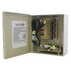 This 8-channel power supply converts 110V AC input to 12V DC output for powering multiple surveillance cameras or other low-voltage security equipment. The beige unit is a centralized power solution with no inputs or outputs included. Suitable for installations requiring a single power source for multiple devices.