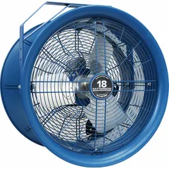 This PATTERSON high-velocity industrial fan is designed for ceiling mounting in large spaces such as warehouses, factories, and workshops. It features an 18-inch blade diameter, a 1/2 hp motor operating on 277V AC, and a single-speed, non-oscillating configuration for targeted airflow.