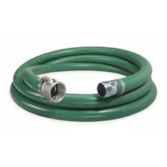 This PVC hose assembly is designed for water suction and discharge in industrial, agricultural, and construction applications. It features rigid PVC helix reinforcement for crush resistance and flexibility. The hose has a 3-inch inside diameter, 65 psi pressure rating, green cover, and operates from 0° to 158°F. Fittings are 3 in x 3 in.