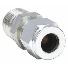 Steel compression fitting adapter with double-ferrule design for connecting 1/4 in OD tubing to 1/4 in male NPT threaded ports. Thread size 7/16-20. Compatible with Parker A-LOK fittings. Used in hydraulic, pneumatic, and instrumentation systems for leak-tight sealing.