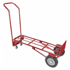 This 2-position steel convertible hand truck from Dayton features a dual-handle design and a red finish. It measures 14 inches wide by 8 inches deep. Typical applications include moving boxes, drums, and equipment in warehouses, factories, and job sites.