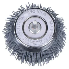 Crimped abrasive nylon deburring brush for all metals. Features 2 3/4 in brush diameter, 1/4 in shank, 0.035 in fill diameter, and 180 grit. Used for deburring, edge blending, and surface finishing on industrial parts.