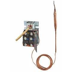 Line-voltage mechanical thermostat with a 20° to 80°F temperature control range and adjustable 2° to 7°F differential. SPDT switch action opens or closes on temperature rise. Steel enclosure, 6 ft capillary, 3/8 in bulb. Operates on 24 to 277V AC. Suitable for indoor HVAC temperature control applications.