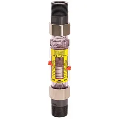 This inline variable area flowmeter measures water flow in liters with a scale display and +/-5% accuracy. It features Buna-N seals and O-rings and can be mounted in any orientation. Suitable for monitoring flow in water lines, cooling circuits, and process systems.