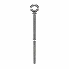 Machinery eye bolt with shoulder for lifting, rigging, and securing loads. Made from 316 stainless steel with plain finish. Thread size 3/8"-16, thread length 4 in. Includes nut. Made in USA.