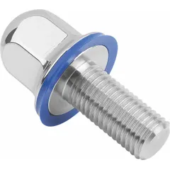 Fully threaded M16 hex head bolt in Grade 316L stainless steel with a crowned flanged head and an FDA-approved pre-mounted sealing washer. Fastener length 30 mm. Used in sanitary processing environments requiring corrosion resistance and hygienic sealing.