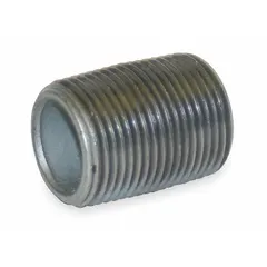 This Schedule 40 galvanized steel pipe nipple is fully threaded with male NPT connections on both ends. It is welded and rated for a maximum operating pressure of 150 psi at 150°F. Used to connect two male threaded pipes or fittings in low-pressure galvanized steel piping systems for water, air, or gas lines.