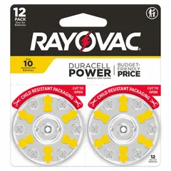 Disposable zinc air button battery designed for hearing aids. Delivers 1.4V DC with 100 mAh capacity. Diameter 0.224 inches. Size 10.