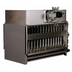 Gas-fired duct furnace with 300,000 BtuH heating capacity input. Features an aluminized steel heat exchanger and a 3/4 in male NPT gas connection with side gas inlet. Designed for heating air in ductwork for industrial and commercial spaces.