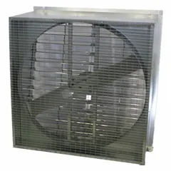This direct-drive slant-wall exhaust fan features a 48-inch blade driven by a 1 hp Totally Enclosed Air Over motor, delivering 19,100 cfm. The galvanized steel frame and TEAO motor enclosure suit agricultural ventilation applications such as livestock barns and greenhouses. It operates on 115/230V AC nameplate voltage.