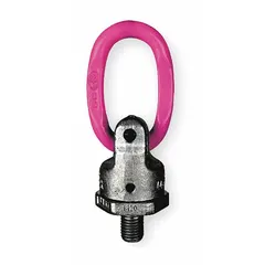 This RUD CHAIN hoist ring is designed for lifting operations where the load must rotate under load. It features a steel construction with a pink powder-coated bail and an M24-3 thread size, with a maximum load capacity of 8,820 lb. Suitable for rigging and overhead lifting applications requiring a swiveling attachment point.