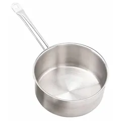 This stainless steel saute braising pan has a 2 qt capacity and 1.5 mm gauge construction. Overall height is 2 7/8 in. Suitable for stovetop cooking in commercial kitchens and food service operations.