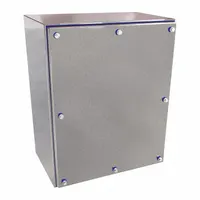 This 304 stainless steel enclosure measures 16 x 13 x 8 inches and is rated NEMA 12/3R/4/4X for protection against dust, water, and corrosion. It features a solid cover secured with screws and does not include knockouts. Typical applications include housing electrical controls, terminals, and instruments in industrial, washdown, and outdoor environments