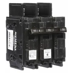 Three-pole miniature circuit breaker rated 50 A at 240V AC with high interrupting capacity. Designed for bolt-on mounting in panelboards, providing overcurrent protection in electrical distribution systems.