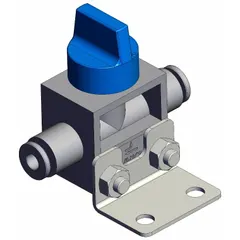 Manual air control valve with knob actuator for start, stop, or directional control of compressed air in pneumatic systems. Features 3 ports, 4 mm port size, and side-ported body with blue actuator. Suitable for panel-mount applications in automation and assembly lines.