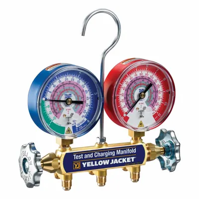 YELLOW JACKET Manifold Gauge: 2 Valves, 0 Hoses, Series 41, 3 1/8 in Gauge - Analog Manifolds