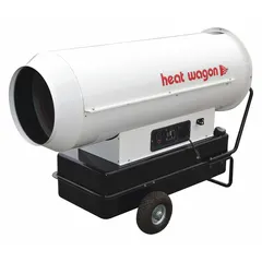 Wheeled-mounted direct-fired torpedo heater with 35.6-gallon tank providing 8.3 hours of operation per filling. Covers up to 13,500 sq ft heating area. Features LED diagnostics for troubleshooting. Dimensions: 43 in H x 73 in L x 73 in D. Suitable for temporary heating of large indoor or outdoor construction sites, warehouses, and industrial workspaces.