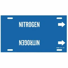 Blue strap-on pipe marker with white legend reading 'Nitrogen' and directional arrows. Fits pipe outer diameters from 8 to 9-7/8 inches. Used to identify nitrogen lines in industrial piping systems for clear content and flow direction indication.