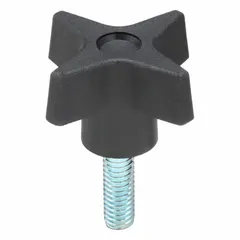 This 4-arm knob with threaded stud is used for manual adjustment, clamping, and positioning on industrial machinery, jigs, and fixtures. It features a 1.75 in diameter plastic body with steel thread and a 5/16"-18 thread size.