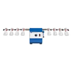 Wrist action shaker with speed range from 0 to 385 RPM. Accommodates up to 16 x 250 mL flasks or bottles. Includes eight clamps for secure sample holding. Used for mixing, blending, and agitating samples in laboratory applications such as extraction procedures and sample preparation.