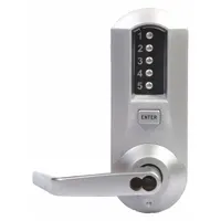 Mechanical keyless push button lockset in chrome finish with clutch lever style. Includes replaceable core Schlage key override. ADA compliant. Suitable for commercial and institutional doors requiring keyless access control