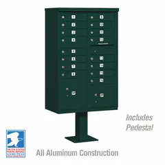 Horizontal multi-unit mailbox with 18 front-access lockable doors. Measures 62 in H x 30 1/2 in W x 18 in D. Designed for pedestal mounting. Suitable for centralized mail delivery in multi-tenant residential or commercial settings.