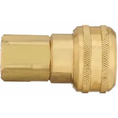 Brass quick-connect air coupling body with 3/8"-18 thread and 3/8" female hose fitting. Push-to-connect locking type enables one-hand coupling. Used in pneumatic systems for connecting air tools, hoses, and compressors.
