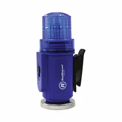 Blue LED vehicle flashing beacon with round shape, magnetic mount, and magnet base. Operates at 1.5V with a single flash pattern. Overall height 5 1/2 in, width 2 in. Used for warning and visibility on service trucks, tow vehicles, or construction equipment.