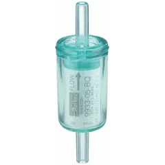 Disposable compressed air filter with nylon bowl for 1/4 in tube connections. Provides 0.01 micron particulate removal at 99.99% efficiency with a flow capacity of 5.3 cfm and 1 in outside diameter. Used in pneumatic systems to protect tools and equipment from contamination.