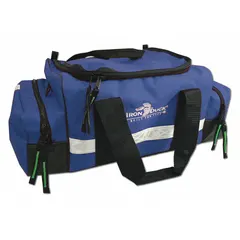 This blue nylon medical duffel bag measures 21 1/2 inches long, 12 inches wide, and 10 inches high. It features a zipper closure and a removable interior lining for easy cleaning. Designed for organizing and transporting emergency medical supplies in field hospitals, ambulances, or industrial first-aid stations.