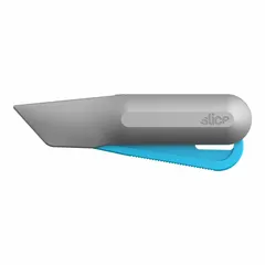 This fully automatic retracting utility knife features a button-operated mechanism for blade retraction. The handle is constructed of alloy aluminum with a gray finish. Suitable for cutting tasks in packaging, warehousing, and light industrial applications.