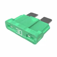 Fast-acting blade fuse rated 30 A at 32 V DC. Features an indicating function for visual blown-fuse detection. Designed for overcurrent protection in DC circuits, commonly used in automotive electrical systems such as battery, lighting, and accessory circuits
