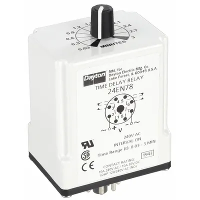 Dayton Single Function Time Delay Relay: Socket Mounted, 240V AC, 10 A, 8 Pins/Terminals - Socket-Mounted Relays