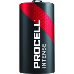 C-cell alkaline battery delivering 1.5V DC. Part of the Procell Intense series. Suitable for powering devices such as industrial flashlights, medical equipment, security systems, and high-drain tools.