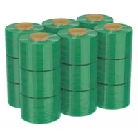 Light green stretch wrap film with a reusable handle for manual application without a dispenser. Each roll is 3 inches wide by 700 feet long. Suitable for bundling, securing, and protecting items during storage or transport. Sold in an 18-pack