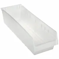 This clear plastic shelf bin is designed for organizing and storing small parts, components, and tools on shelving in industrial warehouses, workshops, and manufacturing facilities. Its transparent construction allows quick visual identification of contents. The bin is nesting capable to save space when not in use, but is not hangable and does not include dividers