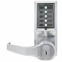 Mechanical keyless access lockset with chrome finish. ADA compliant push-button entry. Supports key override using LFIC Medeco/ASSA/Yale/Abloy cores (5 or 6-pin length, core not included). Suitable for commercial and industrial door applications requiring code-only access