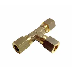 This brass compression fitting is designed for joining three tubes of equal outside diameter in a T-junction. It accommodates 5 mm OD tubing and has an overall length of 42 mm. Suitable for pneumatic and hydraulic systems where a leak-tight connection is required.
