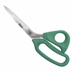 These offset plastic-handle scissors feature straight, pointed stainless steel blades with a 9-inch overall length. Designed for right-hand use, the green handles provide a comfortable grip for multipurpose cutting tasks such as paper, fabric, and light cardboard.