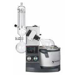 Motorized lift rotary evaporator with 5 L capacity, speed range 10-280 RPM, and 1300 W heating capacity. Includes G3 vertical condenser and vacuum controller. Allows definition and saving of evaporation process ramps for automated operation.