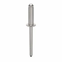 This domed-head blind rivet is designed for fastening materials where access is limited to one side. It has a 0.188-inch diameter, 2-inch overall length, and 11/16-inch body length. The rivet features a plain dome head and is supplied in a 250-piece pack. Typical applications include metal fabrication, automotive repair, and HVAC duct assembly