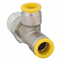 This PARKER tee fitting is made of nickel-plated brass and has 12 mm OD tube connections on two ends and a 1/2 in pipe thread on the third. It is used to branch or combine lines in pneumatic and fluid-handling systems. Overall length is 29 5/32 mm.