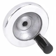 Solid hand wheel with fixed handle, made of aluminum with a zinc-plated finish. Diameter 125 mm, bore 1/2 in. Used for manual actuation of valves, machine adjustments, and positioning tasks in industrial machinery.
