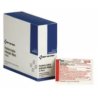 Unitized packets each containing one alcohol-free wipe with 10% povidone-iodine as the active ingredient. Used as a topical antiseptic for first aid wound care to help prevent infection in minor cuts, scrapes, and burns
