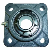 Square flange-mount ball bearing with 1 1/4 in cylindrical bore, cast iron housing, and set screw locking. Lubricated with NLGI #3 equivalent grease, uses 1/2 in mounting bolts, and has a 4 21/32 in length. Supports rotating shafts in industrial machinery, conveyors, and material handling equipment