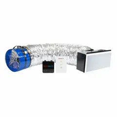 Ceiling-mount whole house fan with 18-inch blade delivering up to 4,415 cfm, covering 2,207 sq ft. Operates on 115V AC single-phase, two speeds, speed controllable. Designed for low noise and high-static-pressure applications such as long duct runs or restrictive grilles.