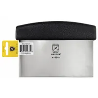 Bench scraper with a 5 7/8-inch high carbon steel blade and 3 1/2-inch blade width. Overall height is 3 inches. Includes a polypropylene handle. NSF certified. Used in commercial kitchens and bakeries for cutting dough, scraping work surfaces, and portioning ingredients