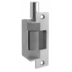 This heavy-duty electric strike is designed for use with cylindrical and mortise locksets in access control systems. It features a stainless steel construction, measures 4 7/8 inches in height, and operates on 24V input voltage. Suitable for commercial and industrial door applications requiring secure locking and remote release.