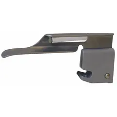 Disposable Miller laryngoscope blade, size 0, with fiber optic illumination. Constructed from stainless steel with a silver finish. Overall length of 3 1/8 inches. Used for neonatal and pediatric intubation in hospital and emergency settings.