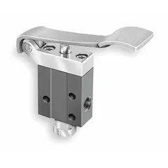 Three-way, two-position manual air control valve with lever actuator. Features 1/8 in female NPT ports, aluminum body, poppet design, and spring return. Configurable as normally open or normally closed. Used to direct or block compressed air flow in pneumatic systems for actuating cylinders, controlling air tools, or managing pilot signals.